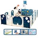 Metreno 16 Panel Playpen for Babies Kids Play Yard with Mat and Balls Gate Playard for Baby Play Area Indoor Setup,Kid Toddlers Playpen Baby Upto 4 Yrs (6 * 5 FT=30 SQFT Blue Elephant)
