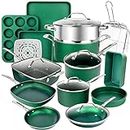 Granitestone Green Pots and Pans Set, 20 Pc Non Stick Cookware Set, Long Lasting Nonstick Kitchen Set with Pan Set Pot Set Baking Set, Mineral Coated, Stay Cool Handles, Dishwasher Safe, Toxin Free