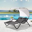 Deko Living Outdoor 2 Seater Lounge Daybed with Canopy - All-Weather Sunbed with 2 Headrest Pillow Cushions and 7 Textilene Fabric Support- Portable Outdoor Lounge Chair for Garden, Backyard