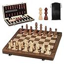 kawaiicrocodile Magnetic Wooden Chess Set, 15'' Folding Chess Board Set, Chess Set with 1 Storage Bags and 2 Extra Queens, Gifts for Man, Women, Beginner (Walnut)