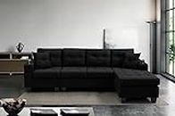 Reversible L-Shape Corner Sectional Tufted Linen Fabric Sofa Couch with Built-in Arm Cup Holder and Chaise Lounger (96" L x 57.5" W x 34”H) (Black)