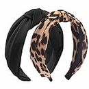 Etercycle 2PCS Headbands for Women, Bow Knotted Wide Headband, Yoga Hair Band Fashion Elastic Hair Accessories for Women (Black, Leopard)