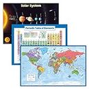 Palace Learning 3 Pack - Solar System Poster + Periodic Table of The Elements for Kids + World Map Chart [Blue Ocean] (LAMINATED, 18" x 24")
