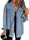 Dokotoo Women's Casual Boyfriend Oversized Lapel Button Up Long Sleeve Denim Trucker Jacket Distressed Ripped Denim Jackets Fray Hem Tassels Jean Jacket for Women with Pockets,US 4-6(S),Blue