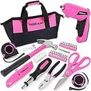 THINKWORK 41 Piece Pink Tool Set - Lady's Hand Tool Set with 3.6V Rotatable Electric Screwdriver, Home Repairing Tool Kit for Women with Large Mouth Open Tool Bag, Perfect for Home DIY, Daily Use