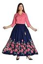 ALASHA Women's Rayon Floral Printed Blue Skirt Pink Top & Skirt Set 3/4 Sleeves Pattern (XL)