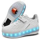 Qneic USB Rechargeable Roller Shoes Sneakers for Boys Girls Kids Gift LED Light Up Wheels Shoes Roller Skates, 24-white-double Wheels, 4.5 Big Kid