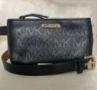 Michael Kors Goldtone MK Black Leather Waist Bag Fanny Pack Purse S/M Belt $78