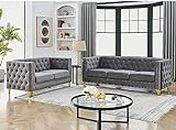 Velvet Living Room Sofa Set of 2, Comfy Loveseat and 3 Seater Couch, Modern Sofa with Tufted Back and Rivet Decoration, Upholstered Long Couch with Solid Golden Metal Tapered Legs, Grey
