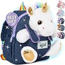 Naturally KIDS Unicorn Backpack - 3-4 Year Old Girl Gifts - Toddler Backpack for Girls Boy w Stuffed Animal - Toys for 3 Year Old Girls - w Pockets & Reflective Logo - Small Backpack w White Unicorn