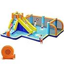 HONEY JOY Inflatable Water Slide, Giant Soccer Water Park Bounce House w/Goals for Outdoor, Splash Pool, Climbing, Blow Up Water Slides Inflatables for Kids and Adults Backyard(GFCI 750w Blower)