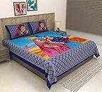 Jaipur Pride Rajasthani Print Cotton Double Size Bedheet with 2 Pillow Cover Set for Queen Size Bed | Stylish & Attractive Design Flat Sheet for Living Room & Bedroom (Blue)