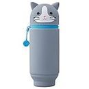LIHIT LAB Kawaii Japanese Cat Large Stand Up Pencil Case for School Office College, Cute School Supplies, Animal Pen Holder Pencil Pouch Holder Girls, Artist Pencil Case, Gray Cat (A7714-4)