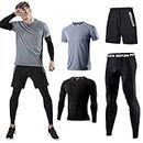 Holure Men's Sports Running Set (Pack of 4) Athletic Shirt+Short/Compression Shirt+Pants Skin Tracksuit Gym Suits Gray L