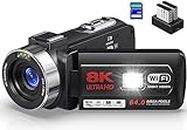 Caméscope 8K 64MP Caméra vidéo 18X Digital Zoom IR Vision Nocturne Écran Tactile 3.0 Pouces WiFi Vlogging Caméra de vidéo pour YouTube avec Carte SD 32 Go, Microphone, Piles et Télécommande 2,4G