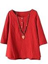 Vogstyle Damen Baumwoll Leinen Tunika T-Shirt Jacquard Oberseiten, Rot, XXL