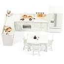 Dollhouse Furniture Kitchen Set (26 pcs) - Freely Combined Kitchen Cabinets, Dining Table with Chairs, Refrigerator and Other Accessories - 1 12 Scale Miniature Dollhouse Wooden Furniture (White)