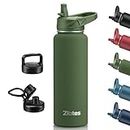 Zibtes 40 oz Insulated Water Bottle With Straw,3 Lids(Flip, Spout and Handle Lid), Stainless Steel Leak Proof Sports Water Flask, Double Walled Vacuum Metal Canteen (Army Green)