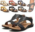 Women's Comfy Orthotic Sandals, Flat Arch Support Plantar Fasciitis Sandals, Velcro Closure Open Toe Leather Soft Sole Sandals, Summer Casual Beach Slip on Shoes. (36, noir)