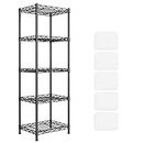 SONGMICS Kitchen Shelf, Metal Storage Rack with PP Shelf Liners, 5-Tier Wire Shelving Unit with 8 Hooks, 11.8 x 15.7 x 47.6 Inches, Height-Adjustable, for Bathroom, Pantry, Black ULGR115B01