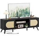 IRONCK TV Stand for 70 Inch, with Power Outlet, Entertainment Center with 2 Cabinets, Rattan TV Console with Adjustable Shelf, 6 Solid Wood Feet, for Living Room, Bedroom, Black