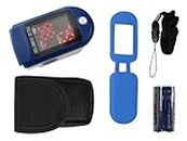 Finger Pulse Oximeter TIGA-50DL CMS-50 DL Blue Heart Rate Monitor SPO2 Oxygen Saturation Measurement with LED Display Including Batteries/Pouch/Silicone Protective Case/Carry Strap and German Plug x 1