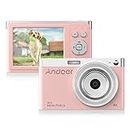 Andoer 4K Digital Camera for Beginners, Kids, and Older Users - 50MP IPS Screen, Auto Focus, 16X Zoom, Anti-Shake, Face Detection, Smile Capture, Flash, 2 Batteries, Bag, and Strap - Pink
