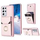 Asuwish Phone Case for Samsung Galaxy S21 Ultra 5G Wallet Cell Cover with Ring Stand Credit Card Holder Slot Leather Purse Mobile Accessories S21ultra 21S S 21 21ultra G5 Women Girls Pink