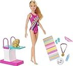 Barbie- Dreamhouse Adventures Bambola Nuotatrice in Costume con Trampolino e Cucciolo Giocattolo per Bambini 3+ Anni, GHK23