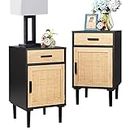 Finnhomy Tall Nightstands Set of 2, Night Stand, Bedside Table Set of 2 with Drawer and Shelf, Hand Made Rattan Decorated Doors, Nightstands with Storage for Bedroom, Black, 2 Pack