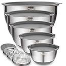 Wildone Mixing Bowls Set of 5, Stainless Steel Nesting Bowls with Grey Lids, 3 Grater Attachments, Measurement Marks & Non-Slip Bottoms, Size 5, 3, 2, 1.5, 0.63 QT, Great for Mixing & Serving