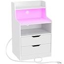 Rolanstar Nightstand with Charging Station and LED Lights, 2 AC and USB Power Outlets, Nightstand with 2 Drawers and Storage Shelves, Bedside Table for Bedroom - White