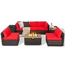 Tangkula 8 Piece Outdoor Wicker Sofa Set, Patio Rattan Conversation Set w/32” Propane Fire Pit Table & Tank Holder, 40,000 BTU Heat Output, Cozy Seat & Back Cushions, Fire Pit PVC Cover (red)