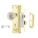 newliplace Mortise Lock Set for Interior Door, Antique Vintage Style Crystal Glass Door Knobs with Skeleton Key, Upgraded Reversible for Left & Right Handed Door, Polished Gold/Brass Finish