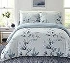 Home Beyond & HB design - Reversible Printed Duvet Cover Set Queen Size - 3 Pieces (1 Duvet Cover with Zipper Closure Corner Ties + 2 Pillow Sham) - Grey Floral and Strpe, Ultra Soft Brushed Microfiber