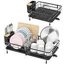 TOOLF Expandable, Adjustable Dish Rack, Foldable Dish Drying Rack with Removable Cutlery Holder Swivel Drainage Spout, Anti-Rust Plate Rack for Kitchen, 1 Piece, Black