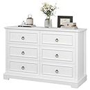 HOSTACK 6 Drawer Double Dresser, Modern Farmhouse Chest of Drawers, Wide Dressers Organizer, Accent Wood Storage Cabinet for Living Room, Hallway, White