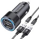 YEONPHOM Car Charger Compatible for iPhone 12 Pro Max/Mini/11 Pro Max/XS Max/XR/X/8/7 Plus/7/6S/6/5S/5C/SE/5,2.4A [All Metal] Dual Fast USB Car Phone Charger Adapter with 2x1M Charging Cable