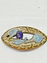 Art Nouveau Brooch Pin Sash Oval Lilly Floral C-Clasp Purple Stone Antique  VTG