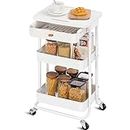 TOOLF Rolling Storage Cart with Drawer & Table Top, 3 Tier Metal Rolling Utility Cart, White Rolling Cart Organizer for Teacher Craft Baby Nursery, Utility Cart for Kitchen Bathroom Bedside Office