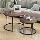 HOJINLINERO Industrial Round Coffee Table Set of 2 End Tables for Living Room, Stacking Side Tables, Sturdy and Easy Assembly,Round Wood Look Accent Furniture with Metal Frame,Black+Brown