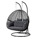 Gardeon Outdoor Egg Swing Chair Rattan Black Garden Bench Hanging Seat, Patio Baconly Furniture Chairs, with Cushions Stand Wicker Basket Double Water Resistant 240kg Capacity