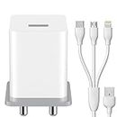 3 in 1 Charger for Apple iPhone 6s Plus Charger Android Smartphone Wall Mobile Charger Hi Speed Fast Charger with 1.2m 3-in-1 Multi Functional Micro USB Android iOS Type-C Cable - (White, RV.B1, OP)