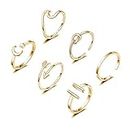 Honsny 6PCS Adjustable Rings for Women,14K Gold Silver Stackable Finger Rings Pack Arrow Knot Knuckle Rings Set Cute Rings for Teen Girls Women