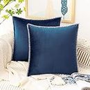GAWAMAY Cojines para Sala 16x16 Inch,Set of 2 Boho Soft Velvet Pillow Covers Modern Chenille Edge Mix Match Pillow Cases, Furniture Decorative Cushion Covers for Sofa Patio Bedroom 40x40 (Navy Blue)