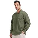 Mens Safari Sun Shirts UPF 50+ UV Sun Protection Long Sleeve Outdoor Quick Dry Fishing Hiking Gardening Shirts, Army Green, 3X-Large