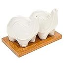 HOMIES INTERNATIONAL Ceramic Elephants Animal White Shaker Salt and Pepper Shakers with Bamboo Wooden Tray for Kitchen and Dining Cooking (Size 13 x 5.5 x 6 cm) - Set of 2 Piece