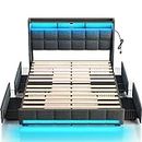 Rolanstar Queen Bed Frame with 4 Storage Drawers, Charging Station and LED Lights, Upholstered Platform Bed Storage Headboard, Heavy Duty Wooden Slats, No Box Spring Needed, Noise Free, Easy Assembly