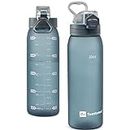Teentumn 30oz Sport Water Bottle with Time Markers, Large Durable Gym Plastic Bottle for Fitness, Outdoor Enthusiasts, Leakproof