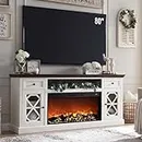 SinCiDo Farmhouse Fireplace TV Stand with 36" Electric Fireplace for 80 Inch TVs, 31" Tall Entertainment Center w/Drawer & Diamond Panel Door, Highboy Media Console for Living Room, 70inch, White